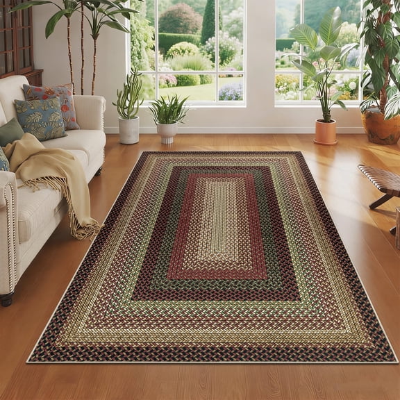 5' x 8' Braided Jute Print Area Rug Washable Non-Slip Pet Friendly Carpet with Concentric Design, Stain Resistant for Living Room, Bedroom & Home Office