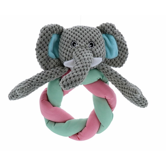 Braided Ring Dog Toys Soft Cuddle Corduroy Squeaker Choose Elephant or Monkey 8" (Elephant)