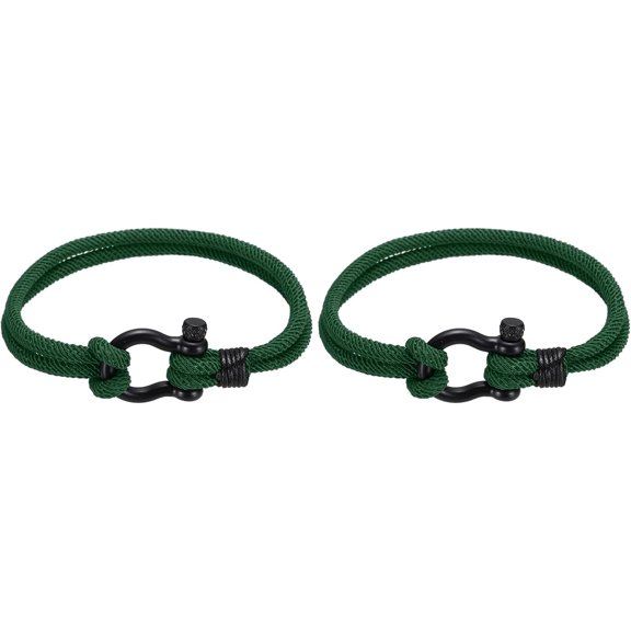Braided Rope Bracelets, Two-row Friendship Bracelet with Anchor Shackle Woven Forest Green -