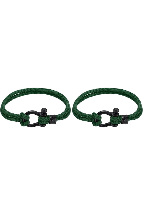 Braided Rope Bracelets, Two-row Friendship Bracelet with Anchor Shackle Woven Forest Green -
