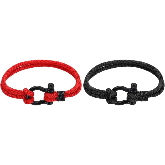 Braided Rope Bracelets, Two-row Friendship Bracelet with Anchor Shackle Woven Red/Black -