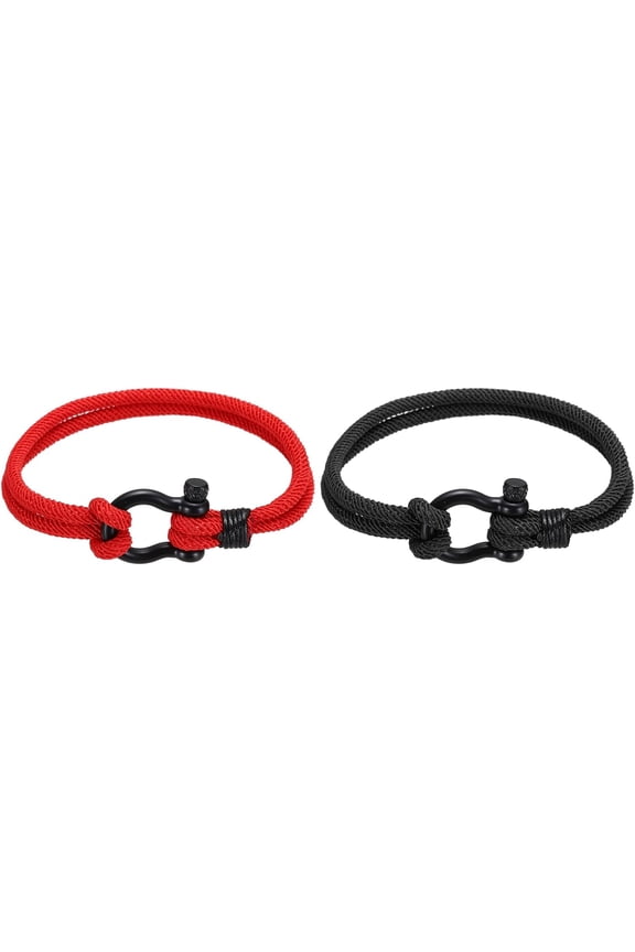 Braided Rope Bracelets, Two-row Friendship Bracelet with Anchor Shackle Woven Red/Black -