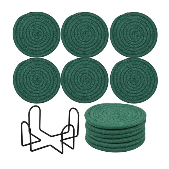 Braided Round Placemats Set of 6, 15 In Non-Slip Heat Resistant Table Mats, Washable Dining Table Protector for Kitchen Dark Green