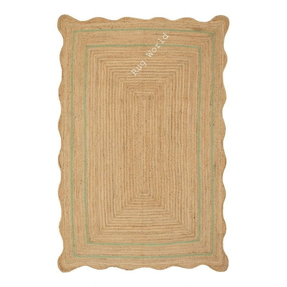 Braided Scalloped Area Rug Green Bordered Designer Nonslip-Durable Carpet Jute Rug For Home Living Room Floor Decor
