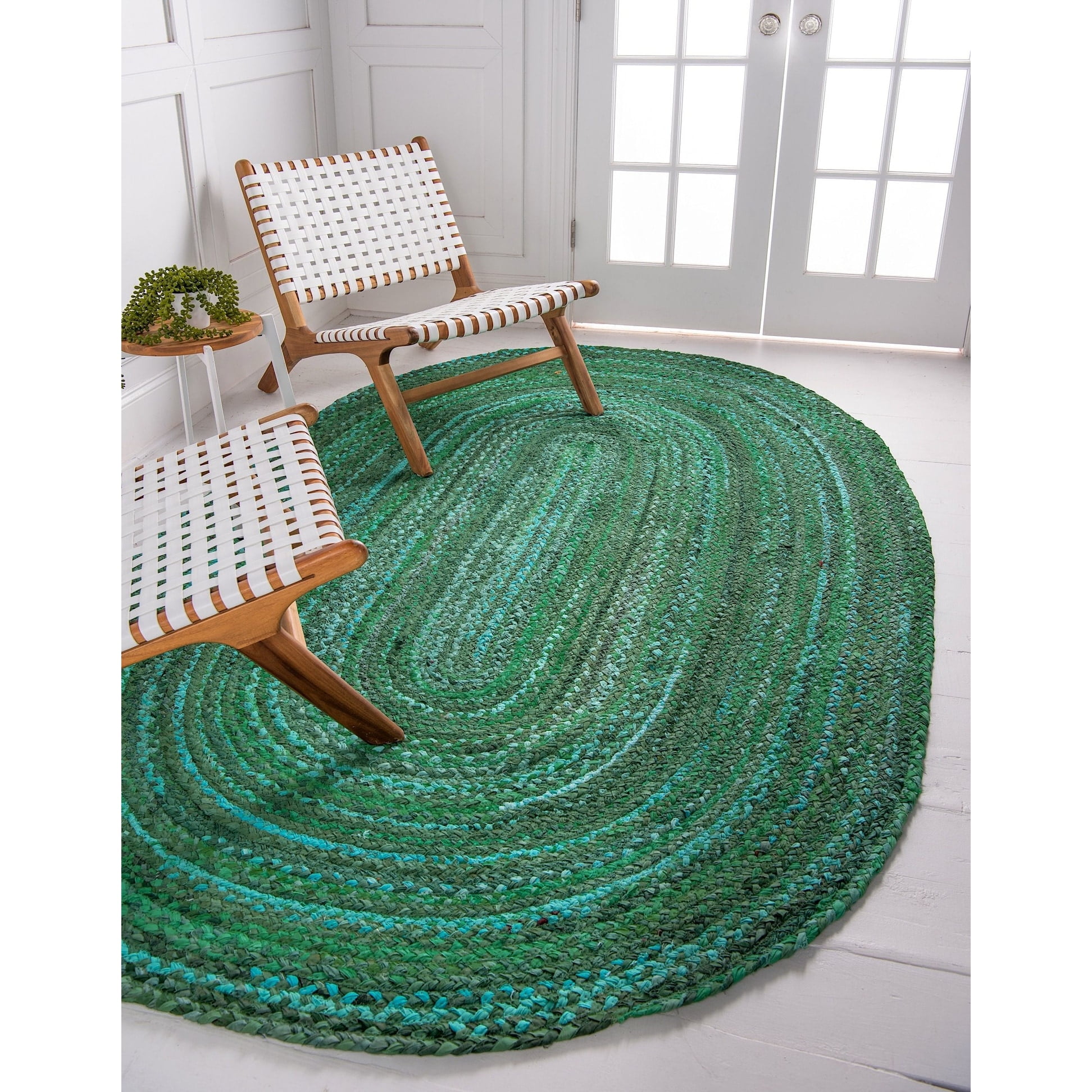 Handmade Green Braided Oval Cotton Area Rug 8' x 10'