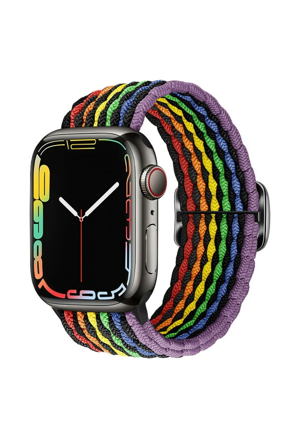 Braided Solo Loop Compatible with Apple Watch Band 42mm/44mm/45mm/46mm/49mm Women Men, Adjustable Stretchy Bands Elastic Sport Wristbands for iWatch Series 10 9 8 7 6 5 4 3 2 SE,Rainbow Black