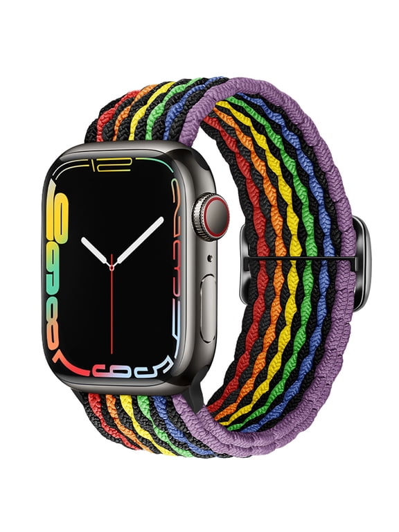 Braided Solo Loop Compatible with Apple Watch Band 42mm/44mm/45mm/46mm/49mm Women Men, Adjustable Stretchy Bands Elastic Sport Wristbands for iWatch Series 10 9 8 7 6 5 4 3 2 SE,Rainbow Black