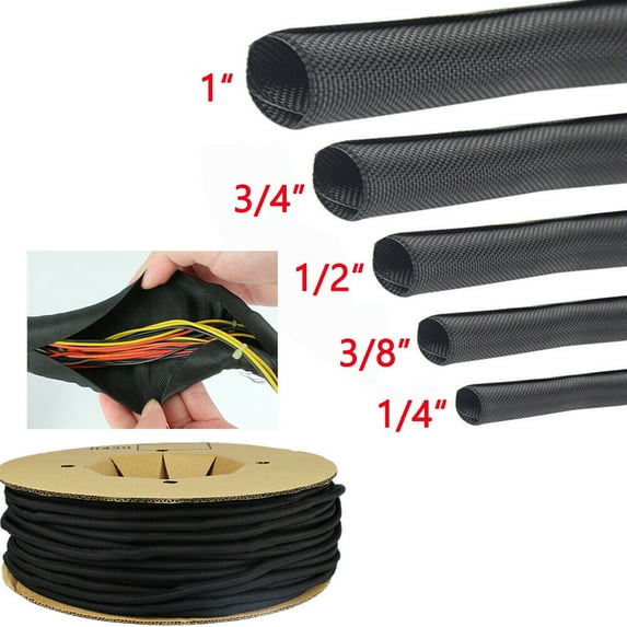 Car Elements Braided Split Wire Loom 20' Cable Sleeve Polyester, Black