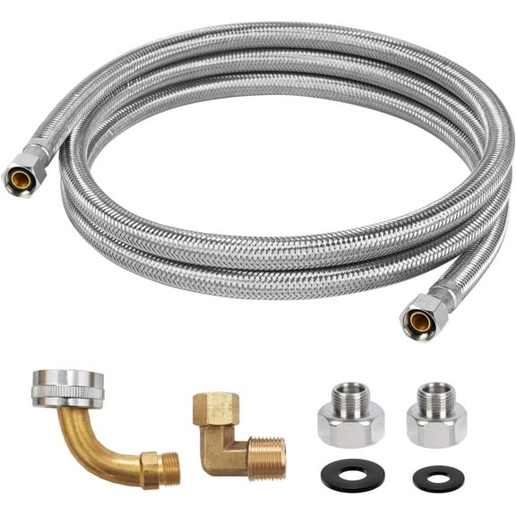 Braided Stainless Steel Ice Maker Water Supply Hose - 6 Ft - Universal 1/4" Connectors from