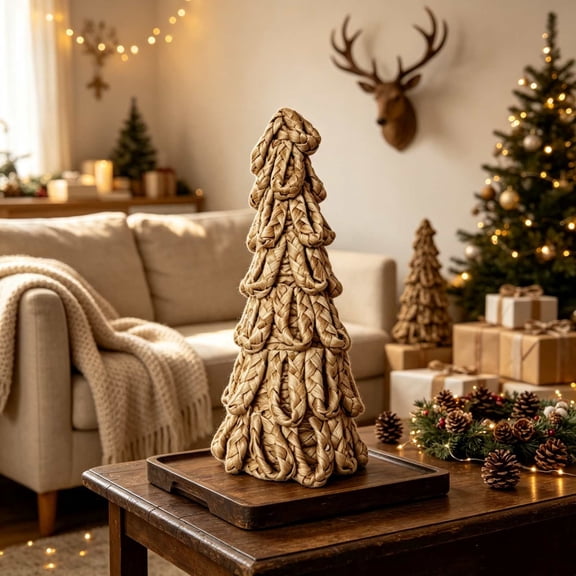 Braided Straw Tabletop Christmas Tree,13in HandWoven Tiered Mini Xmas Tree Statue, Rustic Farmhouse Holiday Centerpiece for Mantel Shelf Coffee Table Indoor Home Christmas Winter Decorations