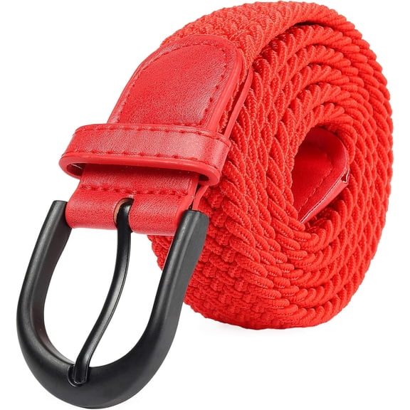 Braided Stretch Elastic Belts | Pin Oval Solid Black Belt Buckle | PU Loop End Tip Men/Women/Junior