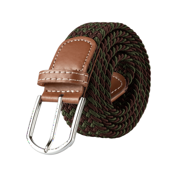 Braided Stretch Elastic Belts | Pin Oval Solid Black Belt Buckle | PU Loop End Tip Men/Women/Junior