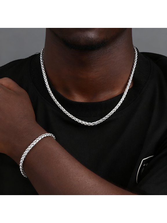 Braided Texture Chain Necklace And Bracelet Set For Men Women, 14K White Gold Filled Exclusive Designed Jewelry