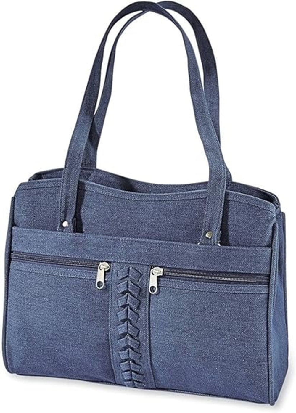 SAGEFINDS Braided Trim Denim Bag, Soft Jean Handbag for Women, Casual Purse with Multiple Pockets, Crossbody Shoulder Strap, Two Top Handles