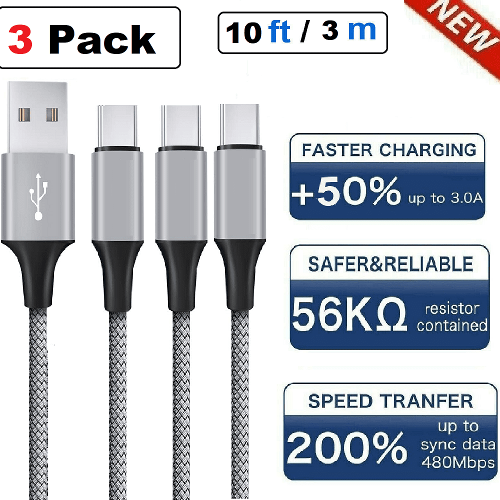 AINOPE USB C Cable Right Angle (2-Pack, 10ft+10ft) 3.1A Type C Charger Fast  Charging, Durable Nylon Braided USB A to USB C Charger Cable (Black)
