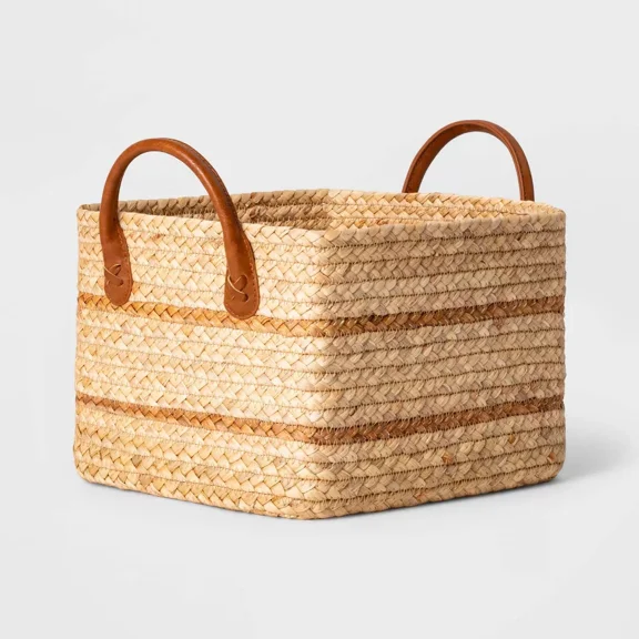 Braided Water Hyacinth Basket with Faux Leather Handles