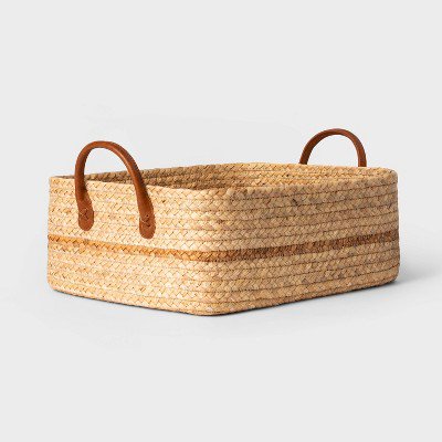 Braided Water Hyacinth Folio Basket with Faux Leather Handles - Storage & Organization, 11" Cube Compatible