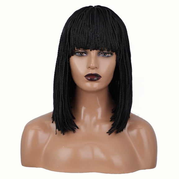 Braided Wigs For Black Women Synthetic Short Bob Black Box Braided Wig With Bangs Small Box Braided Wigs African American Bob Braid Wigs for Black Women 12inch Black (BZ7790)