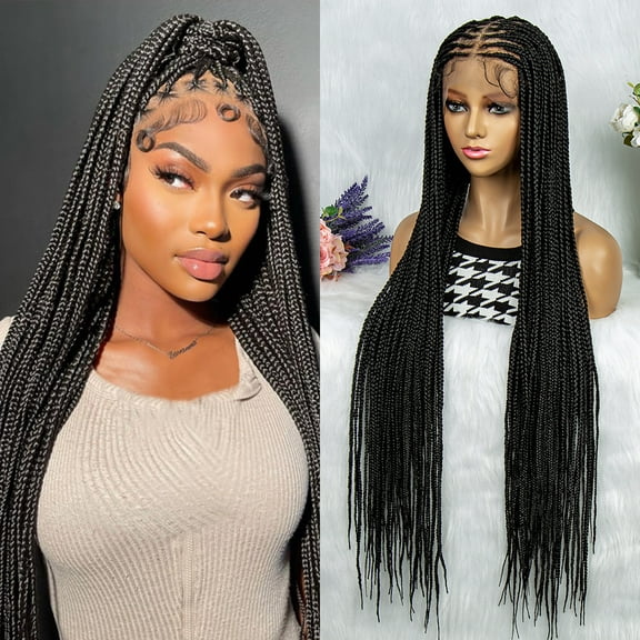 Braided Wigs for Black Women Transparent HD Full Lace Knotless Box Braided Wigs Twist Cornrow Braids Synthetic Lace Front Braided Wigs with Baby Hair Handmade Faux Locs Wig Braided Wigs 36 inches