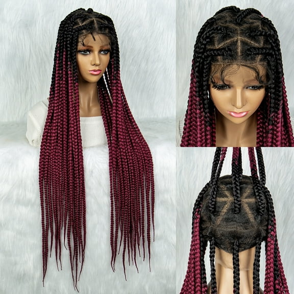Braided Wigs for Women Full Double Lace Braided Wigs Knotless Box Synthetic Lace Front Braided Wigs Cornrow Braids with Baby Hair Handmade Braided Wigs 32 inches (OT/BUG Color)
