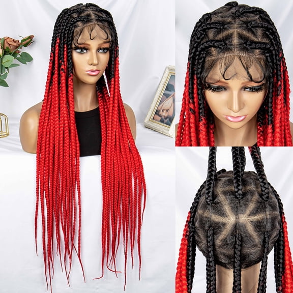Braided Wigs for Women Full Double Lace Braided Wigs Knotless Box Synthetic Lace Front Braided Wigs Cornrow Braids with Baby Hair Handmade Braided Wigs 32 inches (OT/Red Color)