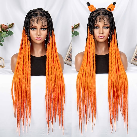 Braided Wigs for Women Full Double Lace Braided Wigs Knotless Box Synthetic Lace Front Braided Wigs Cornrow Braids with Baby Hair Handmade Braided Wigs 32 inches (OT/Orange Color)