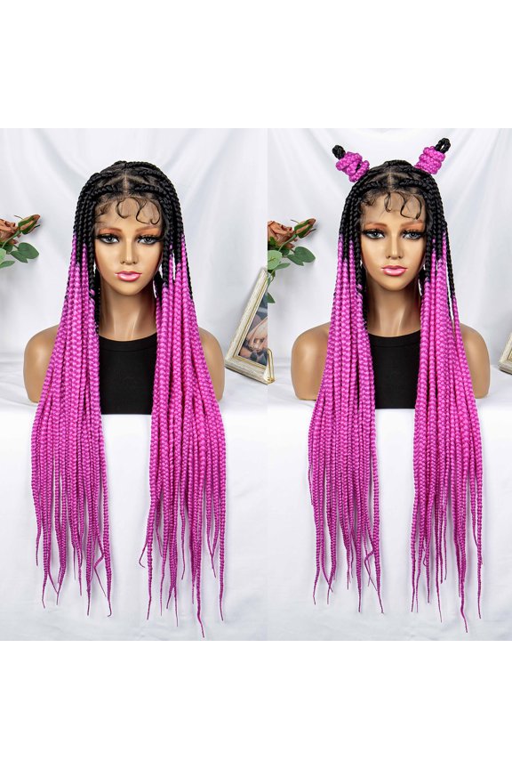 Braided Wigs for Women Full Double Lace Braided Wigs Knotless Box Synthetic Lace Front Braided Wigs Cornrow Braids with Baby Hair Handmade Braided Wigs 32 inches (OT/Pink Color)