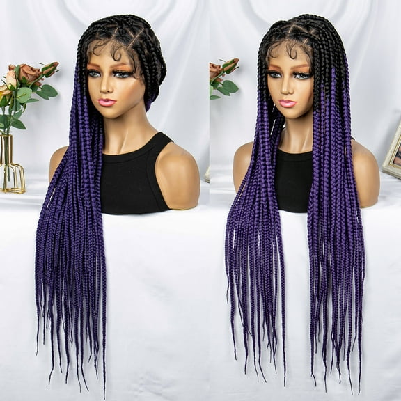 Braided Wigs for Women Full Double Lace Braided Wigs Knotless Box Synthetic Lace Front Braided Wigs Cornrow Braids with Baby Hair Handmade Braided Wigs 32 inches (OT/Purple Color)