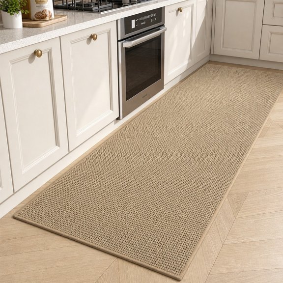 Braided linen kitchen mat, camel beige color, anti-slip, 60 x 140 cm