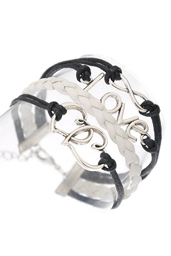 Braiding Leatheroid Wax Rope Bracelets Black Antique Silver Double Hearts Infinity Symbol Love W/Lobster Clasp
