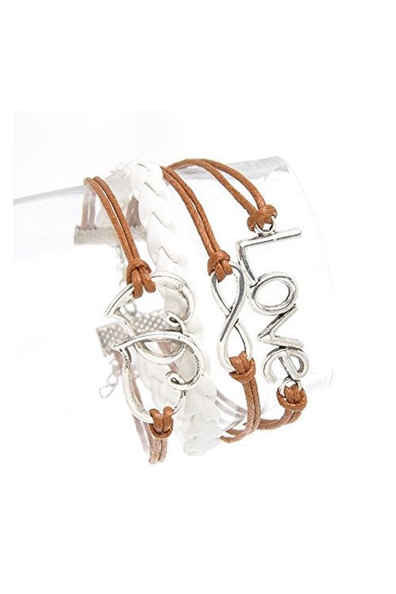 Braiding Leatheroid Wax Rope Bracelets Coffee Antique Silver Double Hearts Infinity Symbol Love W/Lobster Clasp