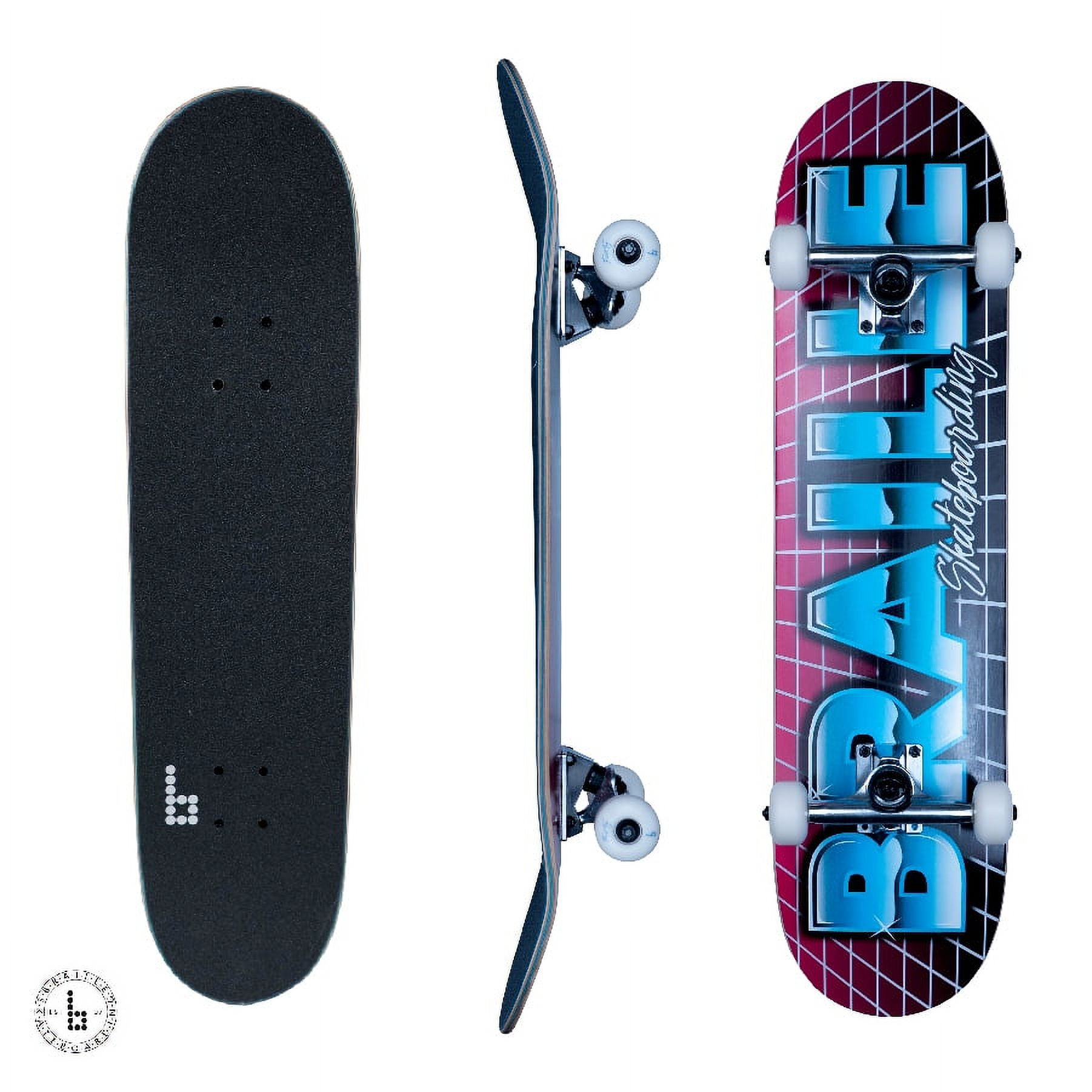 Braille Skateboarding - Retro Black & Pink, 31 x 7.75 Complete Skateboard, with 7-Ply Maple Deck and Abec-7 Bearings, Size: 32