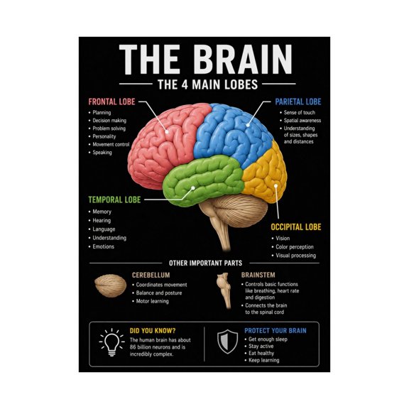 Brain Anatomy Poster 4 Lobes Cerebral Cortex Chart