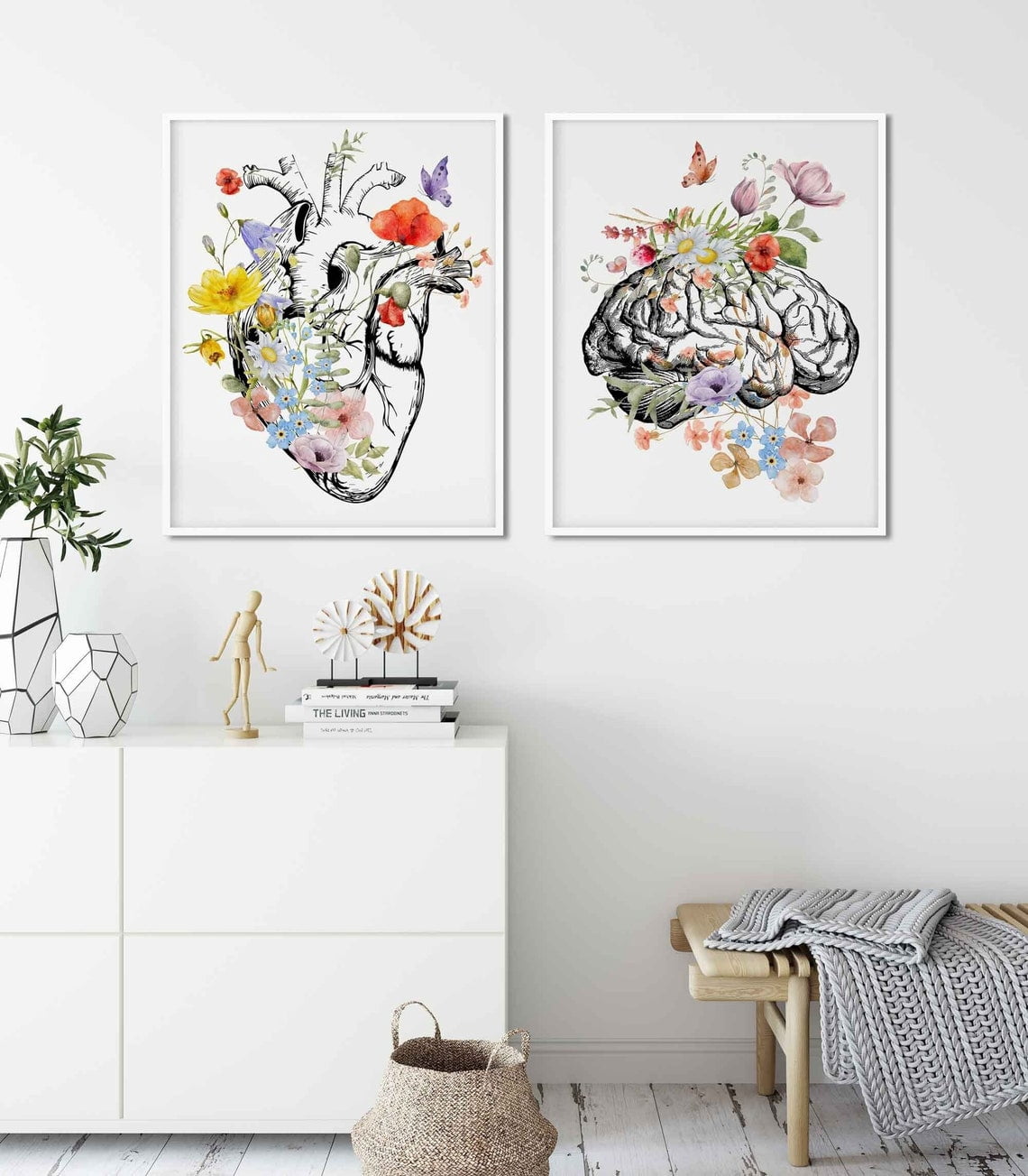 Brain And Heart Anatomy Prints Set Of 2, Floral Medical Office Wall Art ...