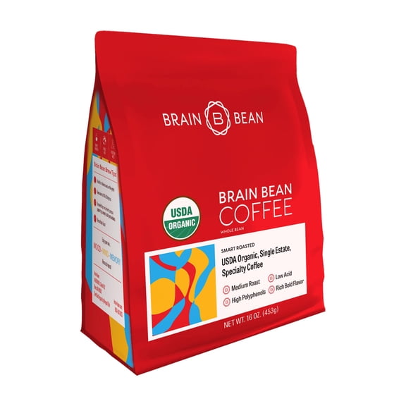 Brain Bean Organic Coffee  Smooth Taste & Rich Medium Roast  High Antioxidant & USDA certified organic for Cognitive Support, Mood Enhancement & Toxin Removal - Whole Bean Coffee  16 oz (1-Pack)