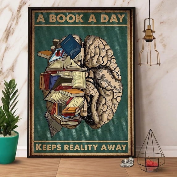 Brain & Book A Book A Day Keeps Reality Away Satin Poster Wall Art Home ...