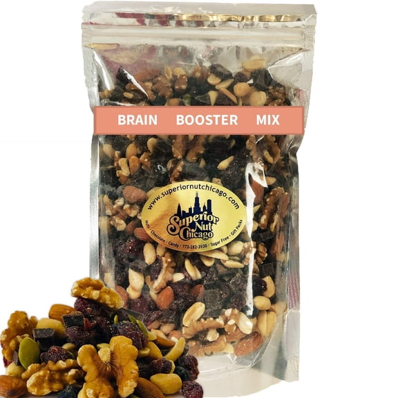 Brain Booster Nut Seed and Fruit Mix - walnuts, almonds, peanuts and a touch of sweetness from dried cranberries, blueberries, and chocolate. (1.75 pound bag)