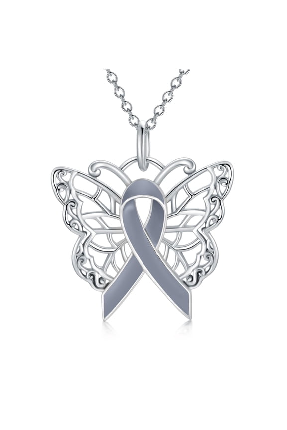 Brain Cancer Awareness Necklace 925 Sterling Silver Gray Ribbon Butterfly Pendant Brain Cancer Survivor Jewelry Gift for Women