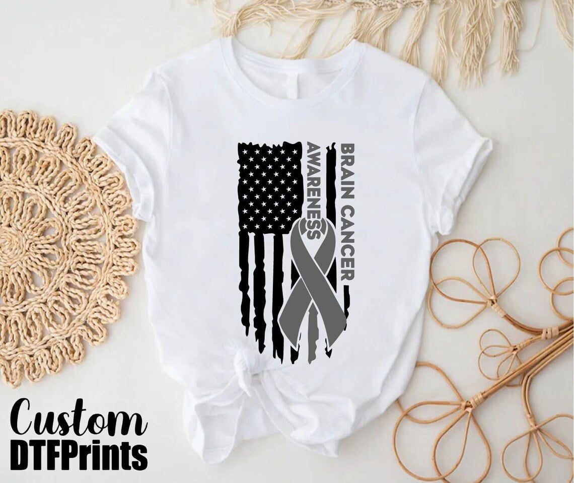 Brain Cancer Flag Shirt, Brain Cancer Awareness Gray Ribbon Tee, Brain ...