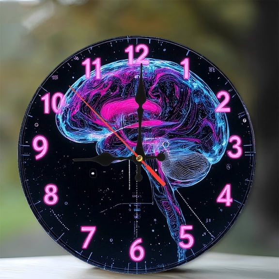 Brain Clock Neon Wall Clock Unique Design 10-Inch Silent Wooden Wall Clock, Battery Operated (AA Batteries Not Included), Artistic Home Decor