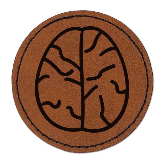 Brain Doodle 2.5" Faux Leather Round Engraved Iron-On Patch - Brown