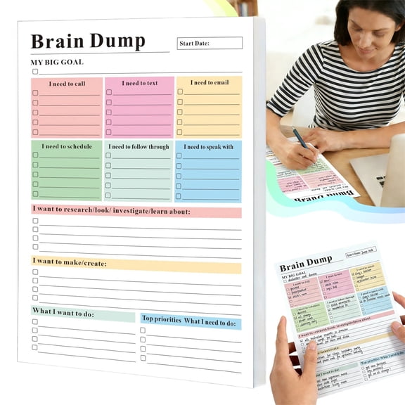 Brain Dump Planner Notepad 50 Tearable Sheets Multi Layout Task Checklist Organizer Notebook, Daily To Do List Planner Pad for Focus Management Work Household Goal Tracking & Priorities Sorting