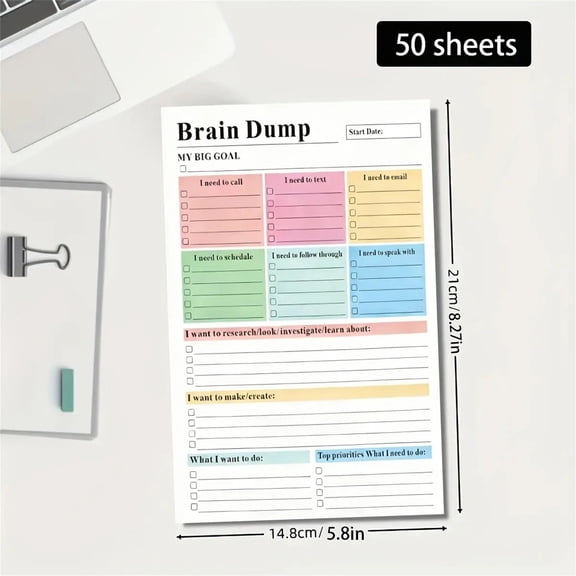 Brain Dump Planner Pad,Portable 50 Tear-Away Page Brain Dump Notebook And To Do List Planner, Minimal Daily Task Organizer, Adhd-Friendly Productivity Notepad For Work, Study And Personal Management