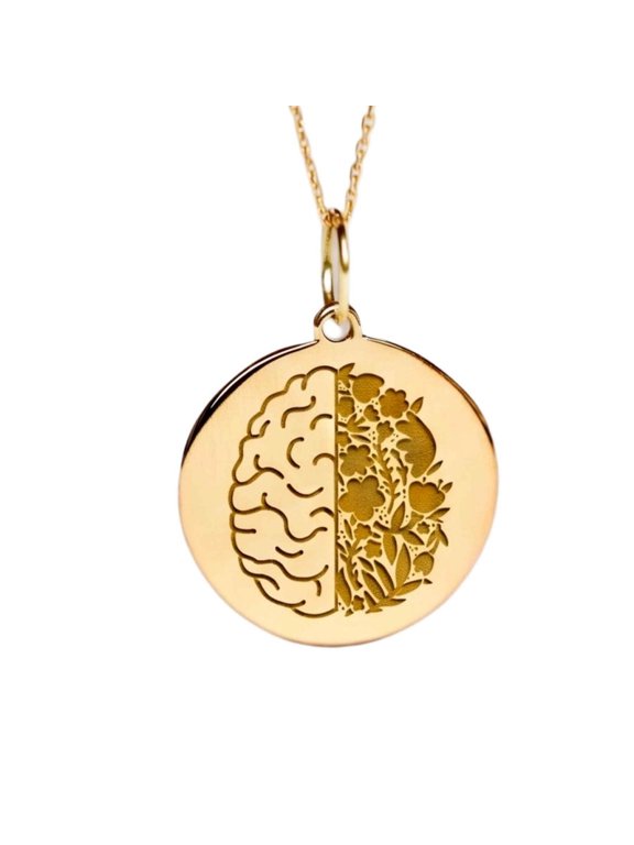 Brain Engraved Pendant Necklace, Gold Plated Brass Round Jewelry with 18 Inch Cable Chain, 28mm Engraved Design Pendant for Men & Women