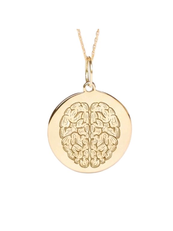 Brain Engraved Pendant Necklace, Gold Plated Brass Round Jewelry with 18 Inch Cable Chain, 28mm Engraved Design Pendant for Men & Women