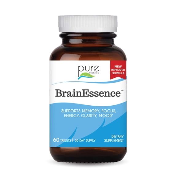 PURE ESSENCE LABS Brain Essence - Memory Supplement & Vitamin for Men, Women & Adults - Herbal Booster for Memory, Focus, Clarity & Stress Relief - Bacopa Monnieri, Ashwagandha & More (60 Tablets)