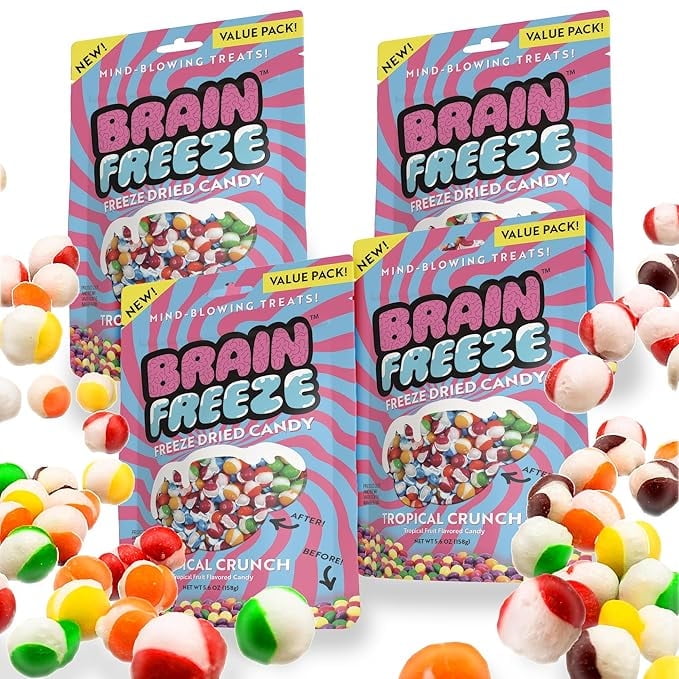 Brain Freeze Tropical Crunch Freeze-Dried Candy  Sweet & Tangy Gourmet Snack  Tropical Fruit Flavors  4 Pack  Crunchy Texture