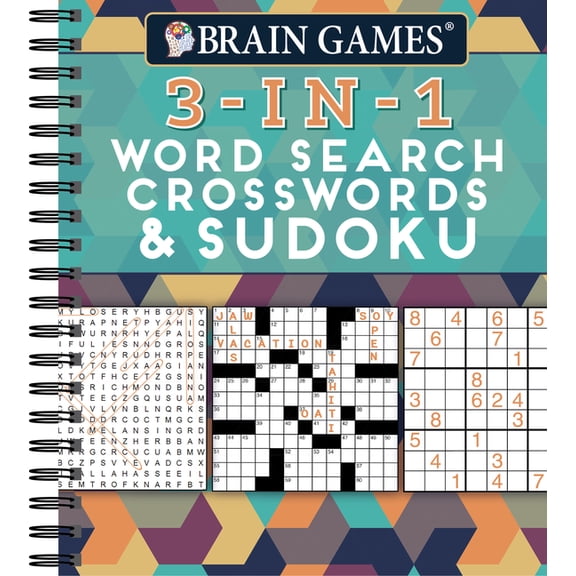 Pre-Owned Brain Games - 3-In-1 Puzzle Book: Word Search, Crosswords & Sudoku | 256 Pages, Spiral Bound | Large Variety Activity Book for Adults, Seniors, Teens