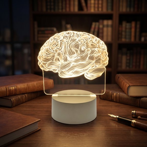 Brain LED Optical Lamp Anatomical Model, Human Brain Night Light with Metal Base, Warm White Acrylic Brain Table Lamp for Study Room