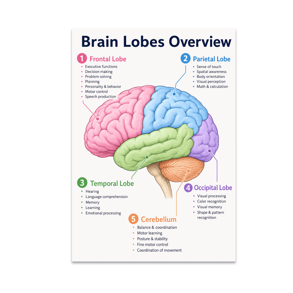 Brain Lobes Overview Poster - Biology Enthusiast - 13x19 Poster Print